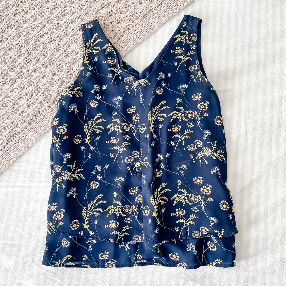 Loft Navy Floral Sleeveless Blouse